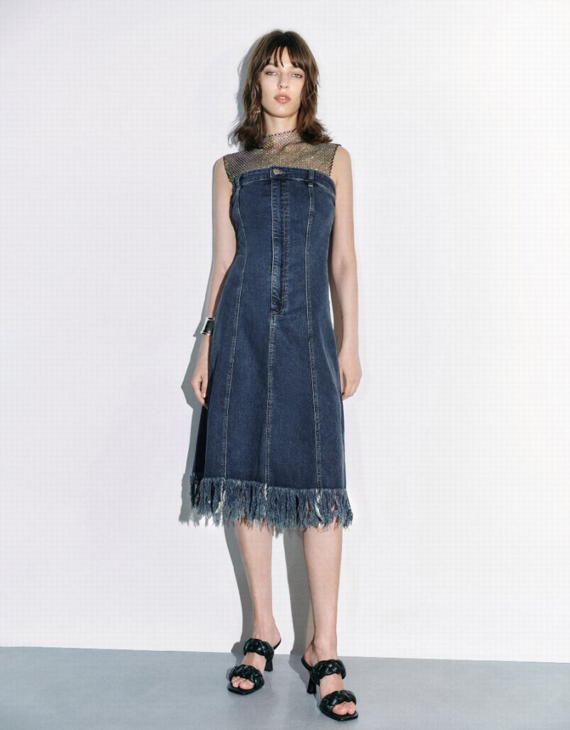 Vestido Urban Revivo Raw Hem Sin Manga Denim Mujer Azules | ZHA3681LW