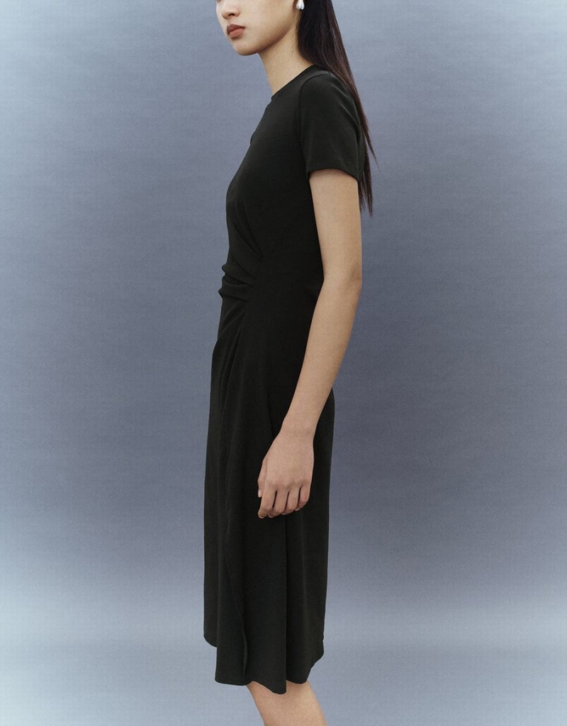 Vestido Urban Revivo Ruched Crew Neck Directo Mujer Negros | QLZ2677CJ