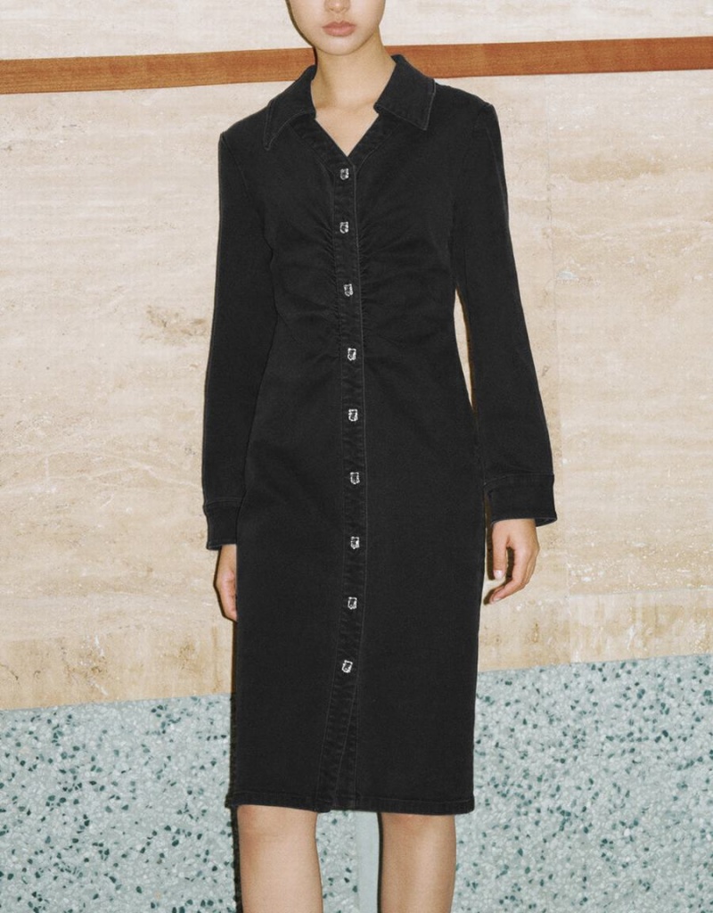 Vestido Urban Revivo Ruched Lapel Denim Mujer Negros | FAP5560PM