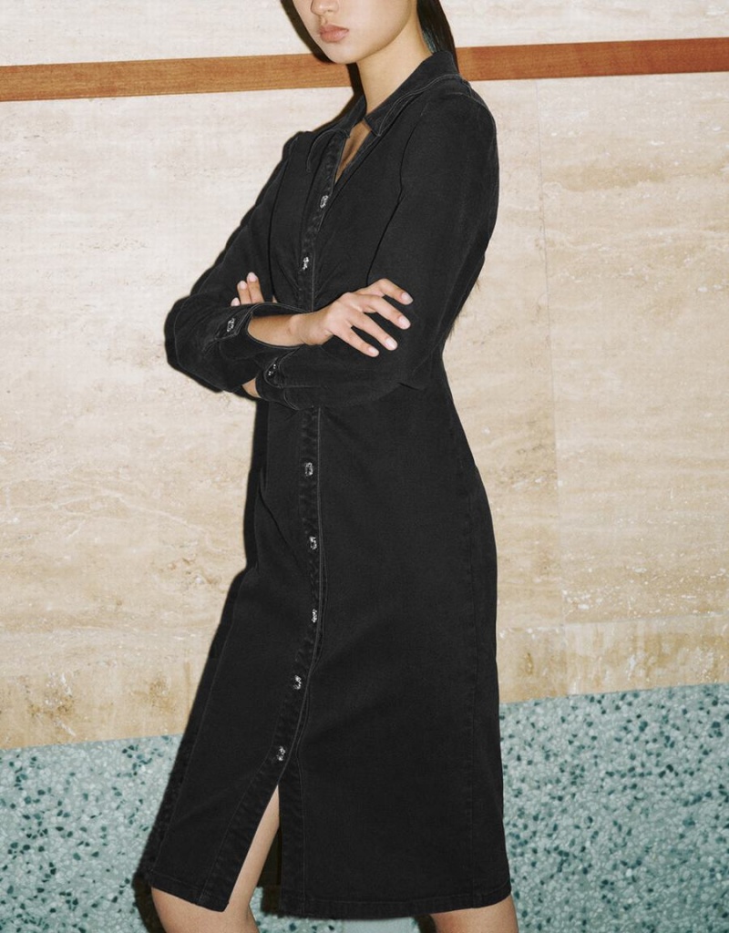 Vestido Urban Revivo Ruched Lapel Denim Mujer Negros | FAP5560PM