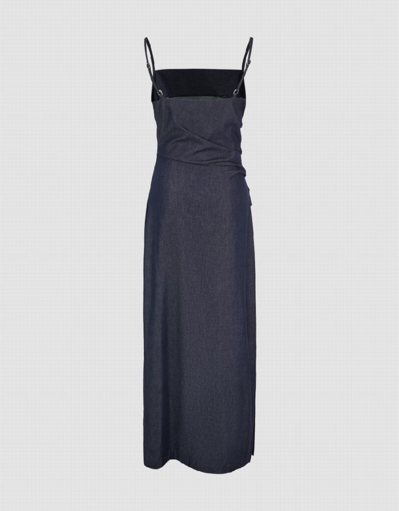 Vestido Urban Revivo Ruched Midi Denim Mujer Azules | VPH9058CC