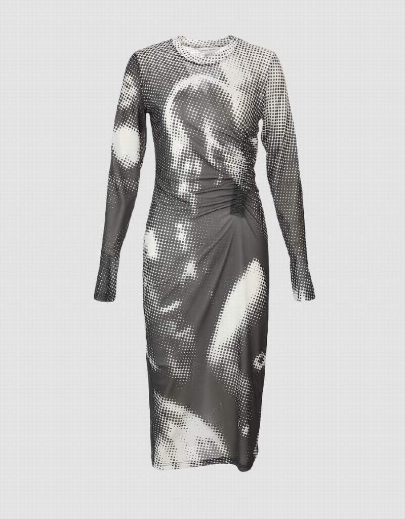 Vestido Urban Revivo Ruched Printed Midi Mujer Grises | XAU9095FX