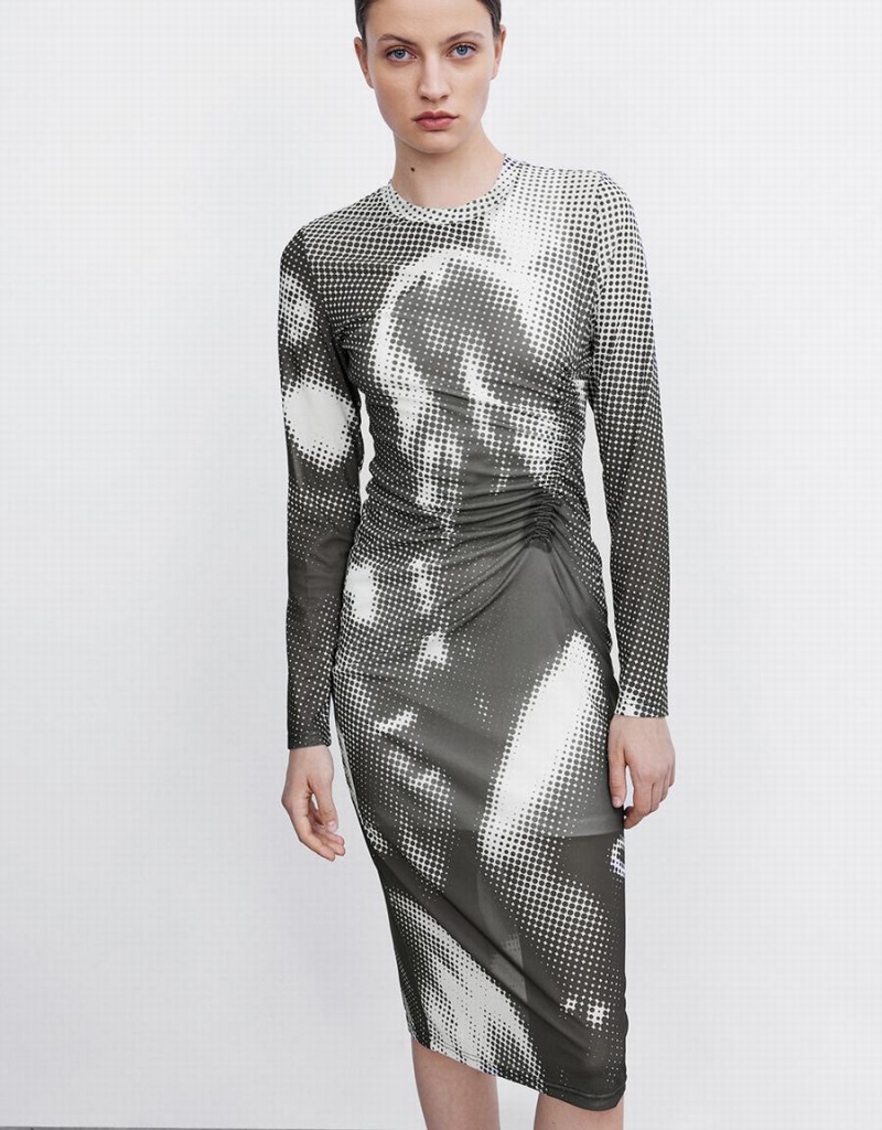 Vestido Urban Revivo Ruched Printed Midi Mujer Grises | XAU9095FX