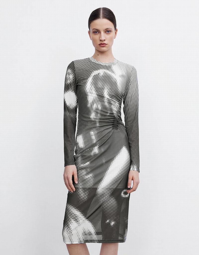 Vestido Urban Revivo Ruched Printed Midi Mujer Grises | XAU9095FX