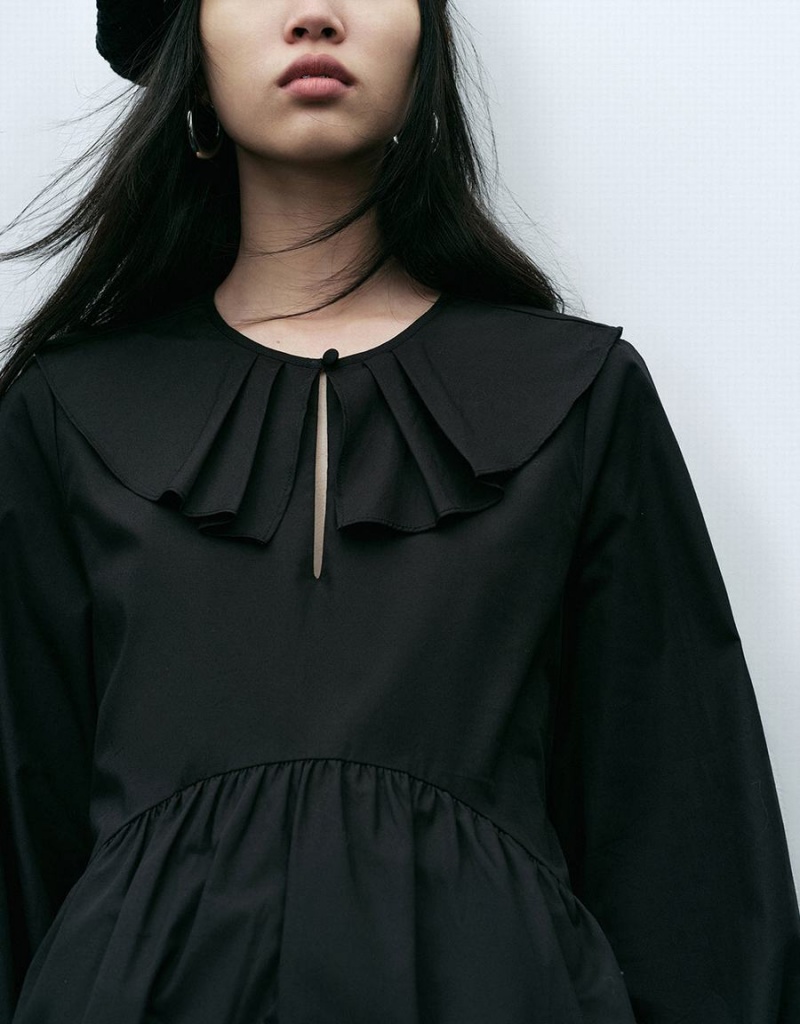 Vestido Urban Revivo Ruffle Collar A-Line Mujer Negros | EKC2665PX