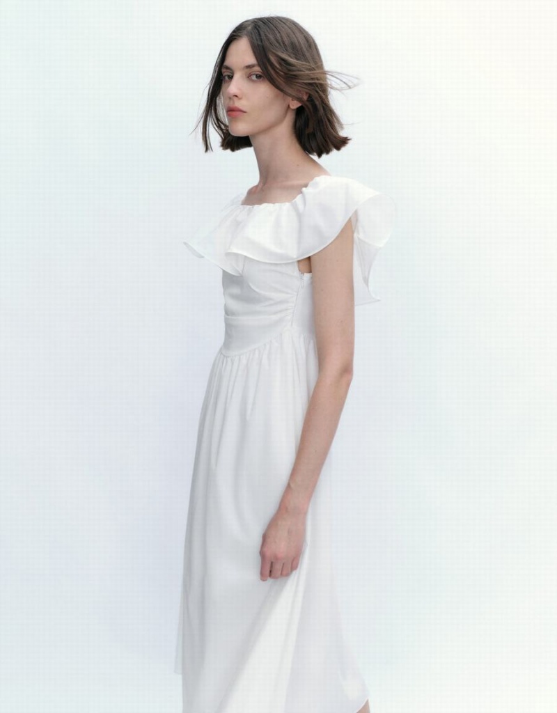 Vestido Urban Revivo Ruffle Off-Shoulder Skater Mujer Blancos | WZZ8492HB