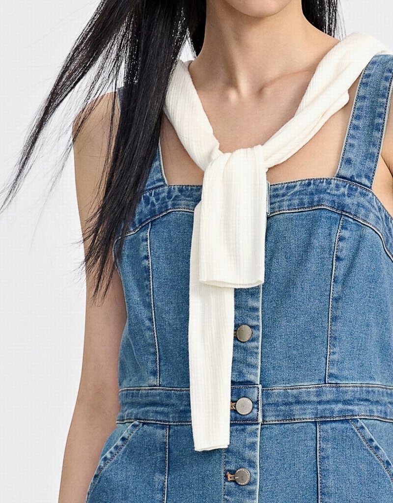 Vestido Urban Revivo Sin Manga Button Front Denim Mujer Azules | QNI1612DV
