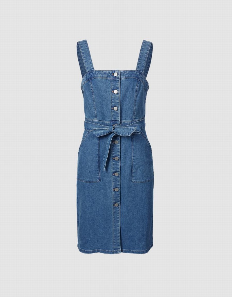 Vestido Urban Revivo Sin Manga Button Front Denim Mujer Azules | QNI1612DV