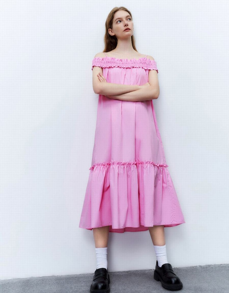 Vestido Urban Revivo Sin Manga Off-Shoulder A-Line Mujer Rosas | ZCP1011PG