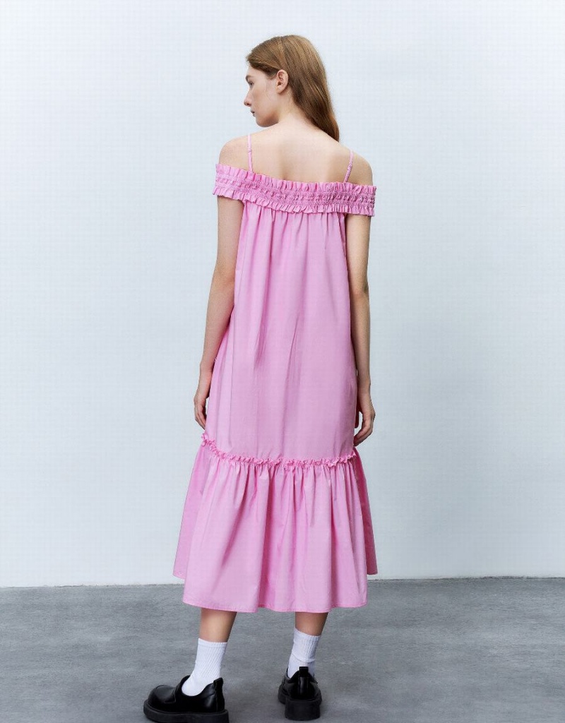 Vestido Urban Revivo Sin Manga Off-Shoulder A-Line Mujer Rosas | ZCP1011PG