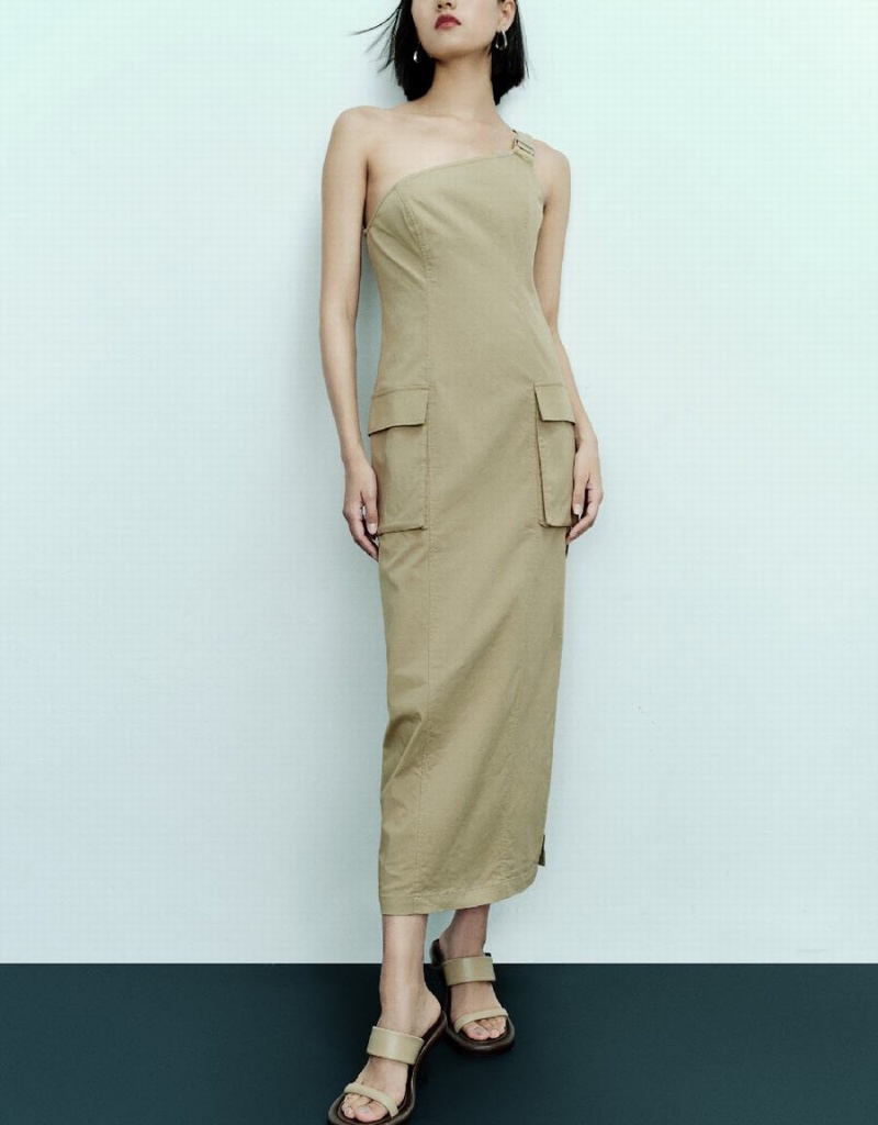 Vestido Urban Revivo Sin Manga One Shoulder Directo Mujer Kaki Grises | YTI2089PZ