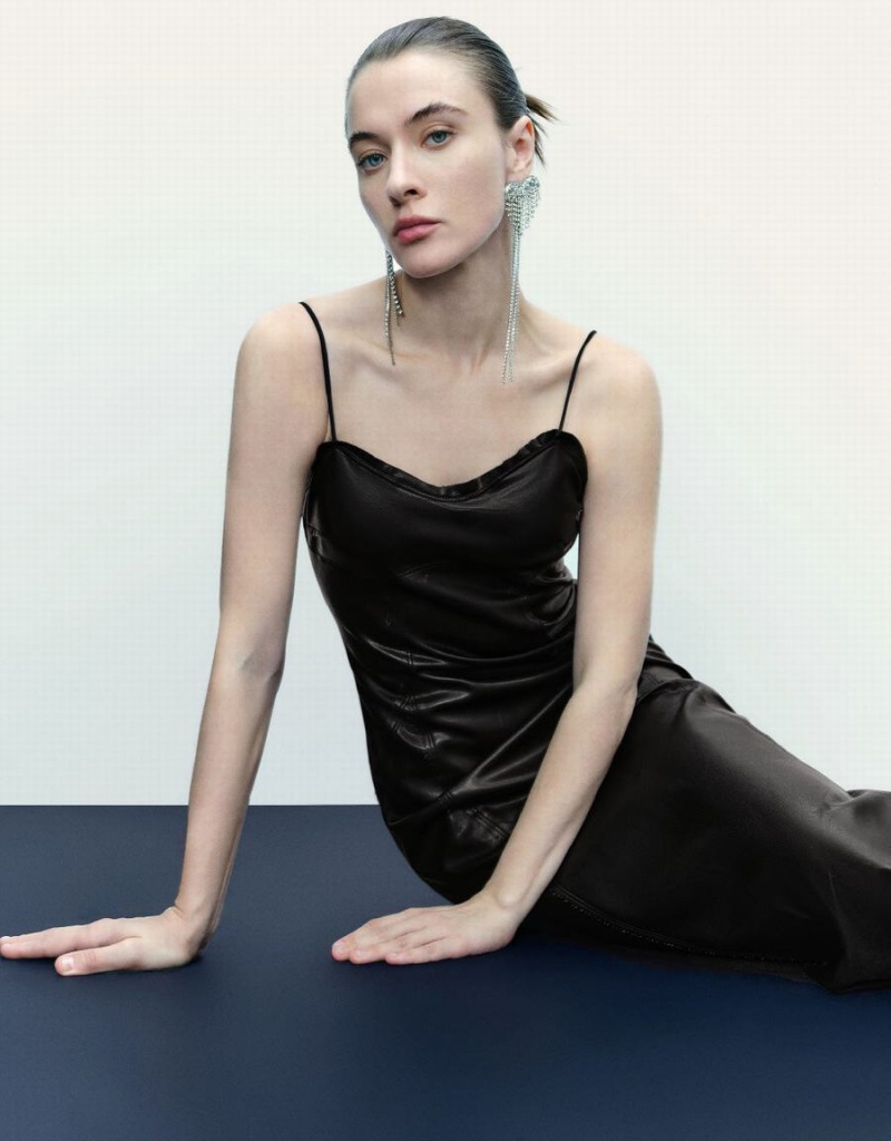 Vestido Urban Revivo Sin Manga Vegan Cuero A-Line Mujer Negros | LYL7742AL