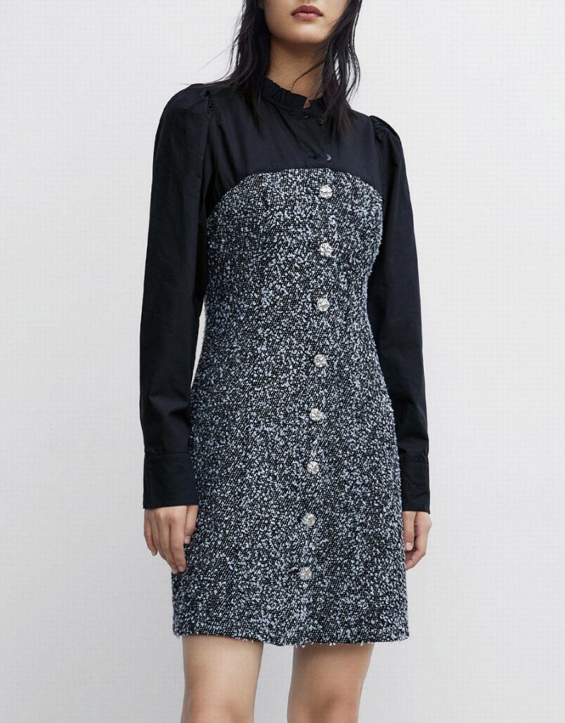 Vestido Urban Revivo Spliced Button Up Denim Mujer Negros | GUL897MQ