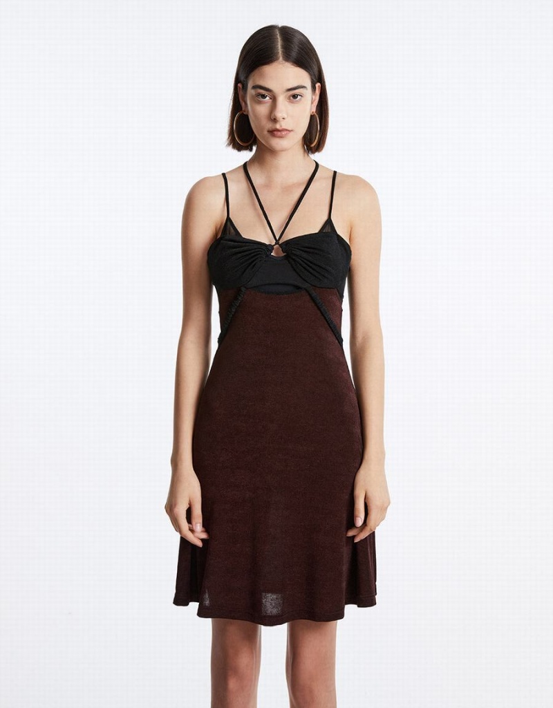 Vestido Urban Revivo Spliced Sheer Mesh Cami Mujer Marrom | OEY9795DP