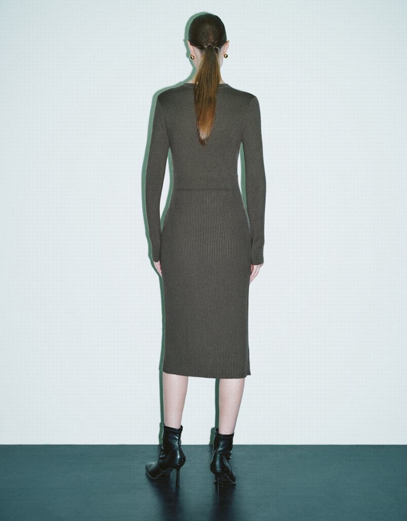 Vestido Urban Revivo Split Hem Flaco De Punto Directo Mujer Verdes | QFD2255CS