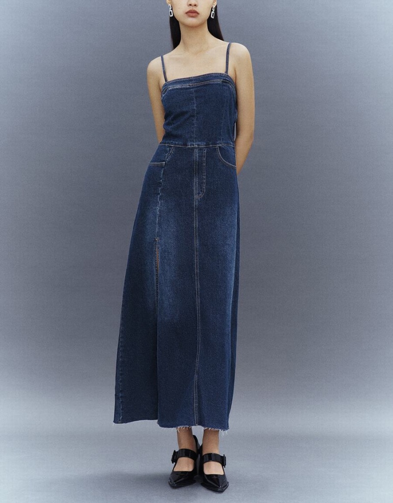 Vestido Urban Revivo Split Hem Off-Shoulder Denim Cami Mujer Azules | YKT1215KR