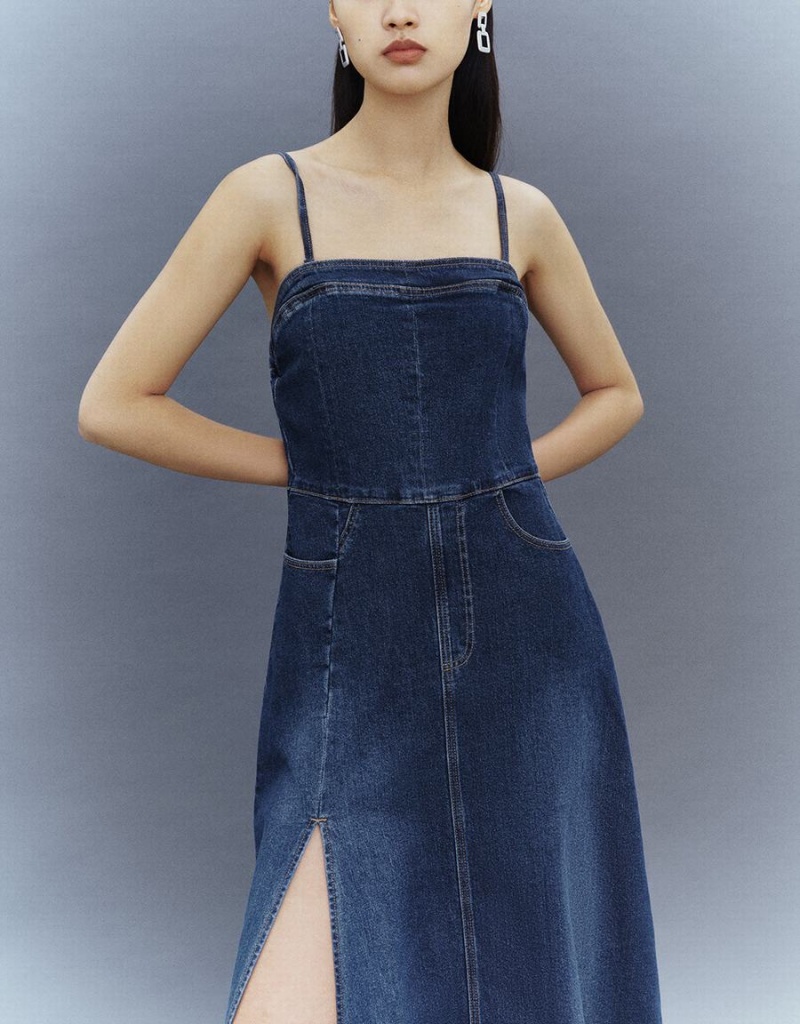 Vestido Urban Revivo Split Hem Off-Shoulder Denim Cami Mujer Azules | YKT1215KR