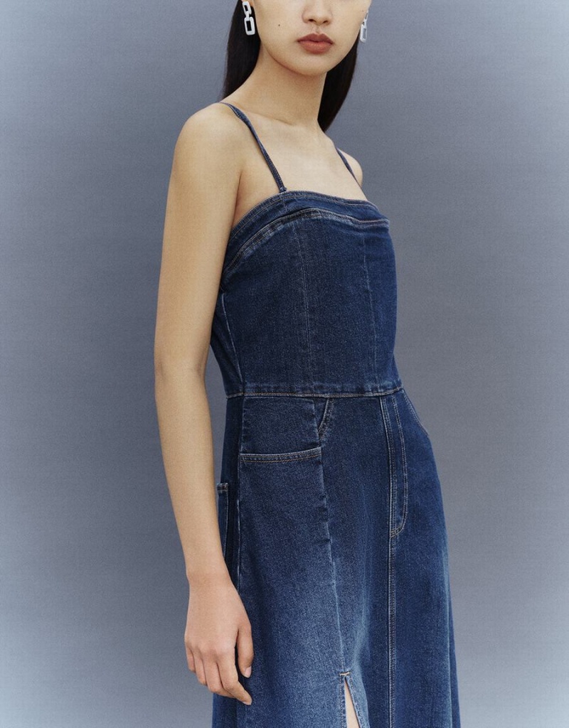 Vestido Urban Revivo Split Hem Off-Shoulder Denim Cami Mujer Azules | YKT1215KR