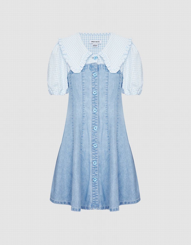 Vestido Urban Revivo Statement Collar Button Front Spliced Denim Mujer Azules | INC9287GL