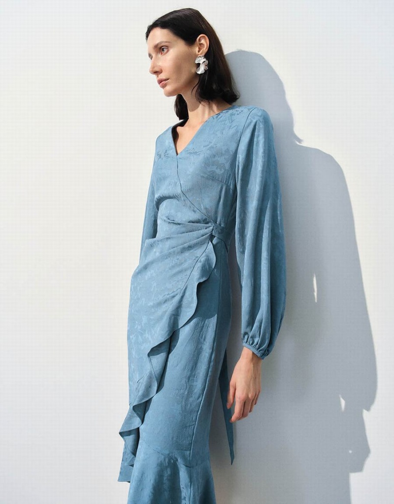 Vestido Urban Revivo Surplice Front Midi A-Line Mujer Azules | GTV1661MD