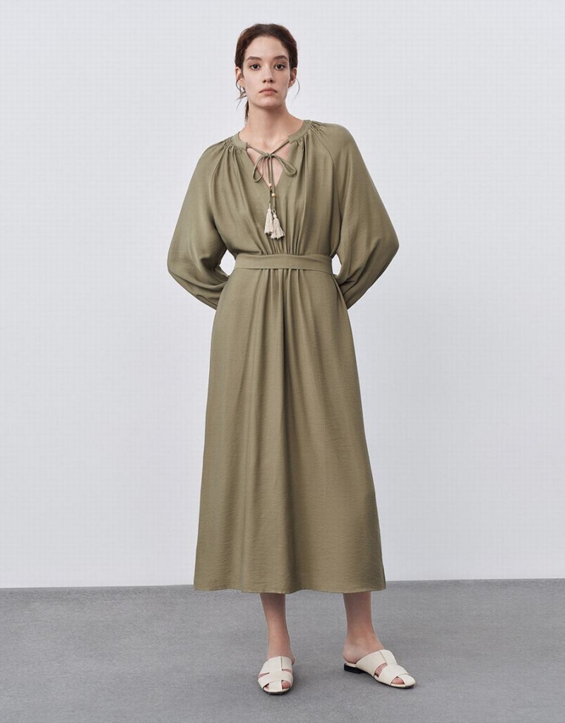 Vestido Urban Revivo Tie Front Belted Mujer Verdes | CHB9263SZ