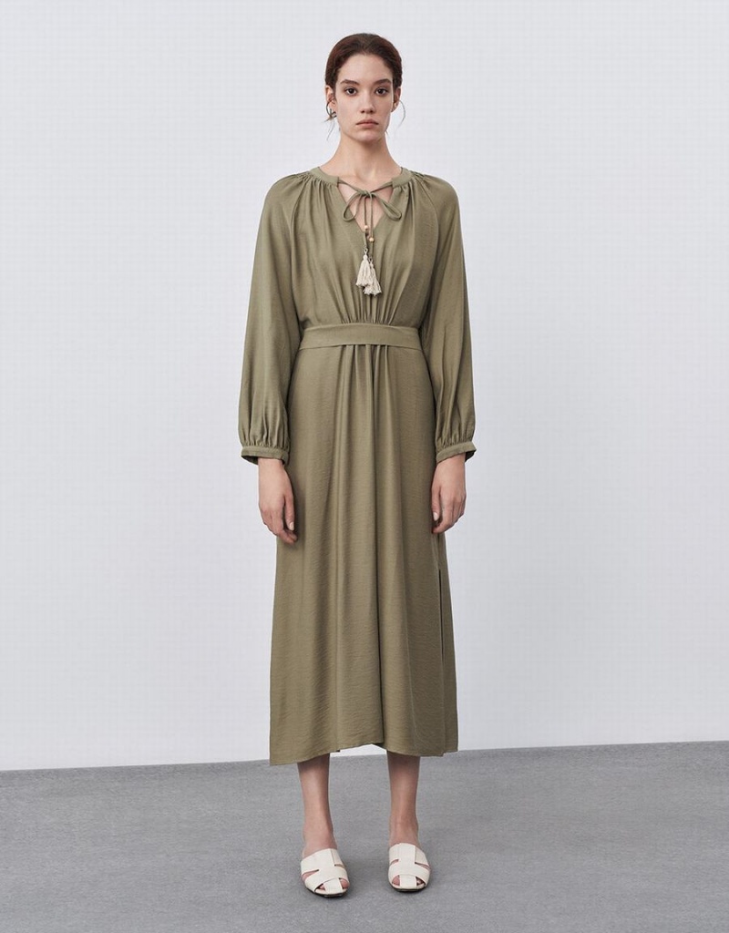 Vestido Urban Revivo Tie Front Belted Mujer Verdes | CHB9263SZ