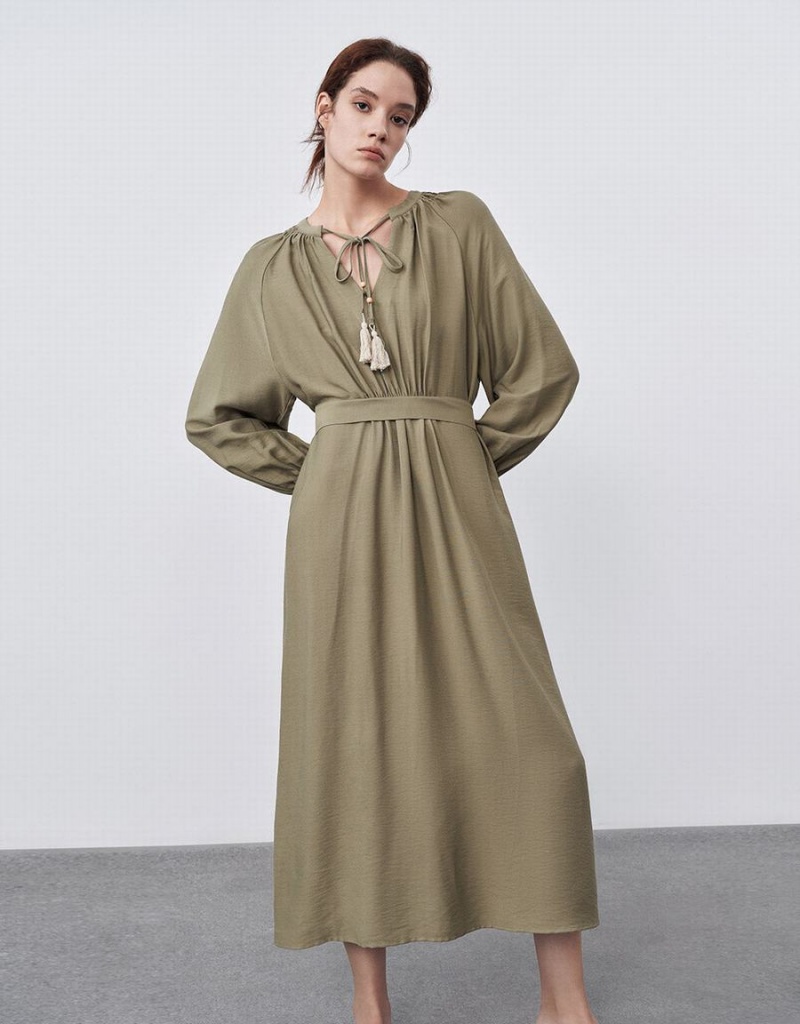 Vestido Urban Revivo Tie Front Belted Mujer Verdes | CHB9263SZ
