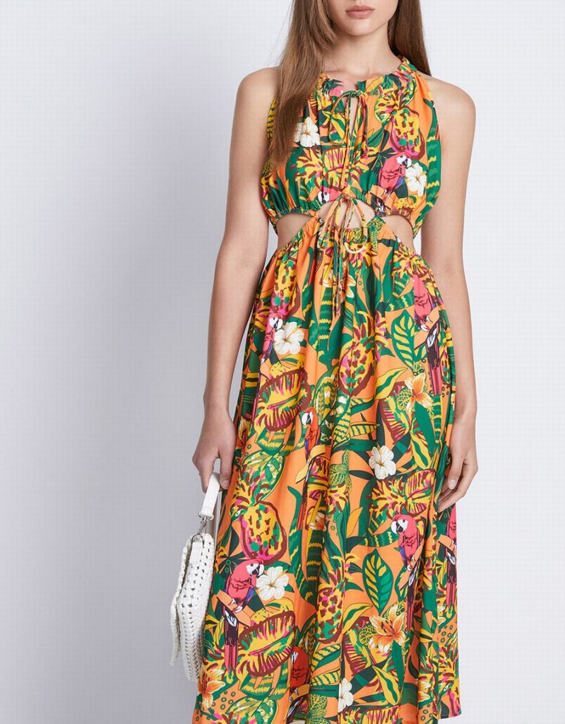 Vestido Urban Revivo Tropical Print Cut Out Sin Manga Midi Sun Mujer Amarillos | VMH5356IP