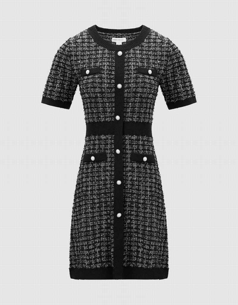 Vestido Urban Revivo Tweed Crew Neck De Punto Mujer Negros | QIS2863WS