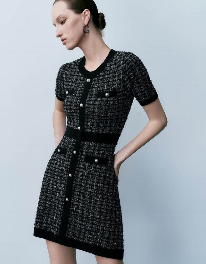 Vestido Urban Revivo Tweed Crew Neck De Punto Mujer Negros | QIS2863WS