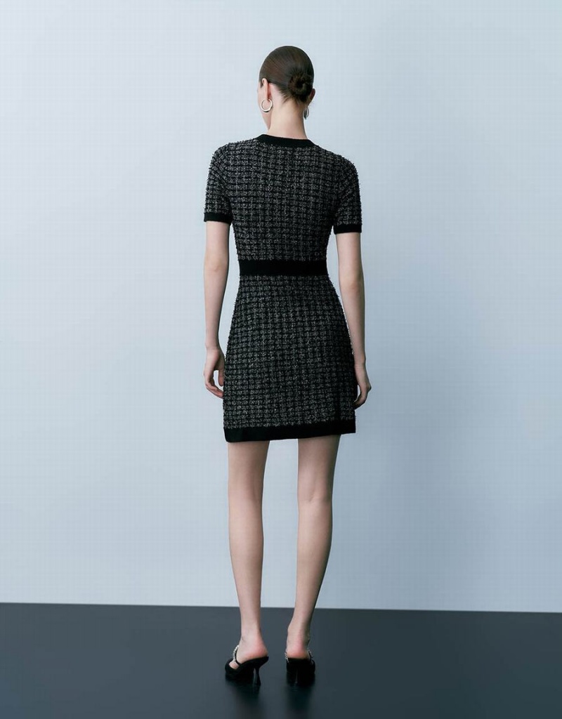 Vestido Urban Revivo Tweed Crew Neck De Punto Mujer Negros | QIS2863WS