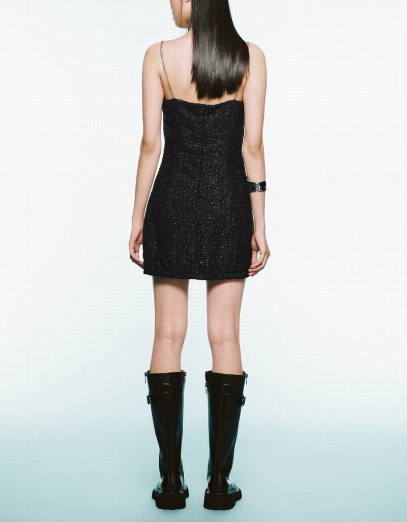 Vestido Urban Revivo Tweed Off-Shoulder A-Line Cami Mujer Negros | EEM7141FG