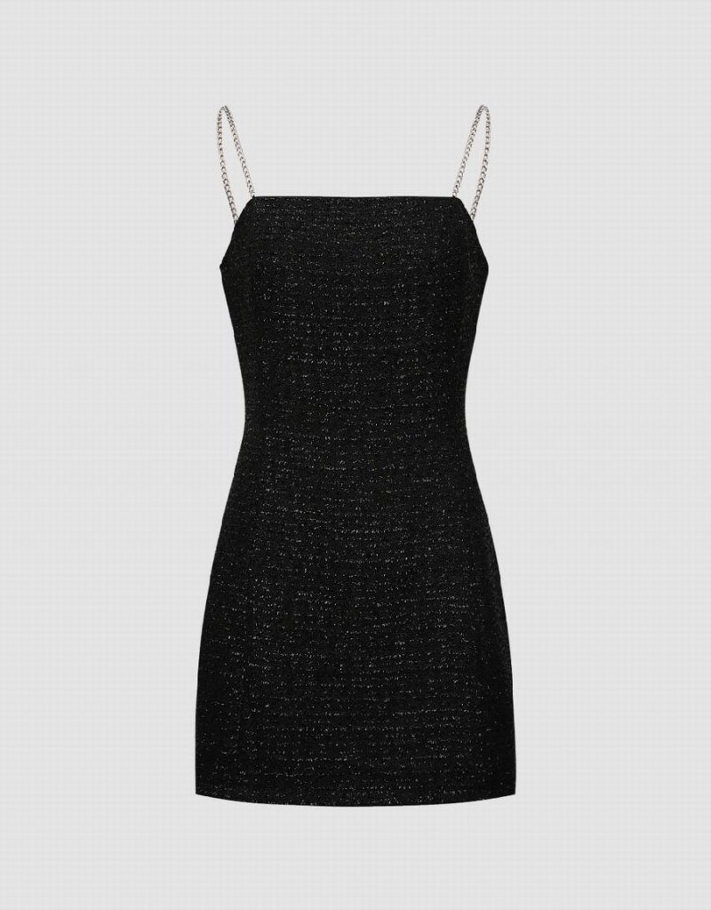 Vestido Urban Revivo Tweed Off-Shoulder A-Line Cami Mujer Negros | EEM7141FG