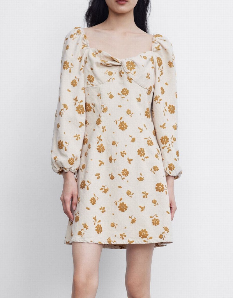 Vestido Urban Revivo Twist Front Floral Print Puff Sleeve Denim Mujer Amarillos | KTP4843IS
