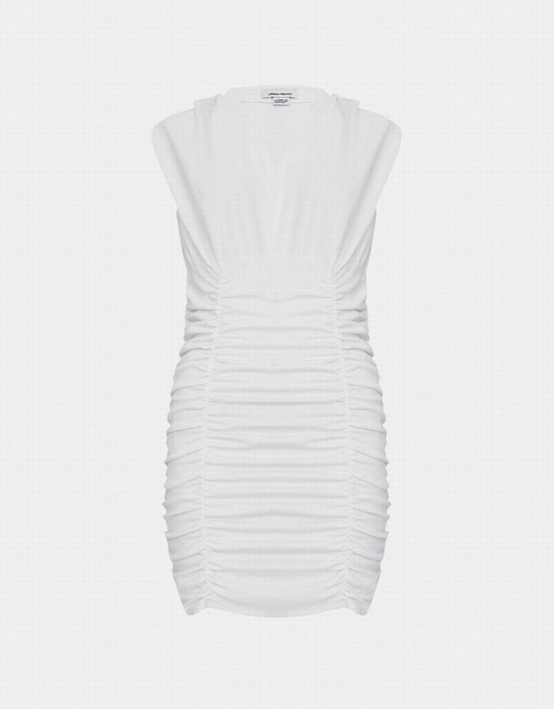 Vestido Urban Revivo V Neck Ruched Sin Manga Bodycon Mujer Blancos | IDQ745JA